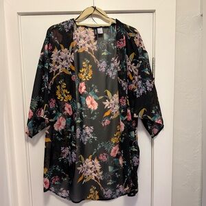 H&M Black Sheer Floral Kimono with Pink and Yellow Blooms